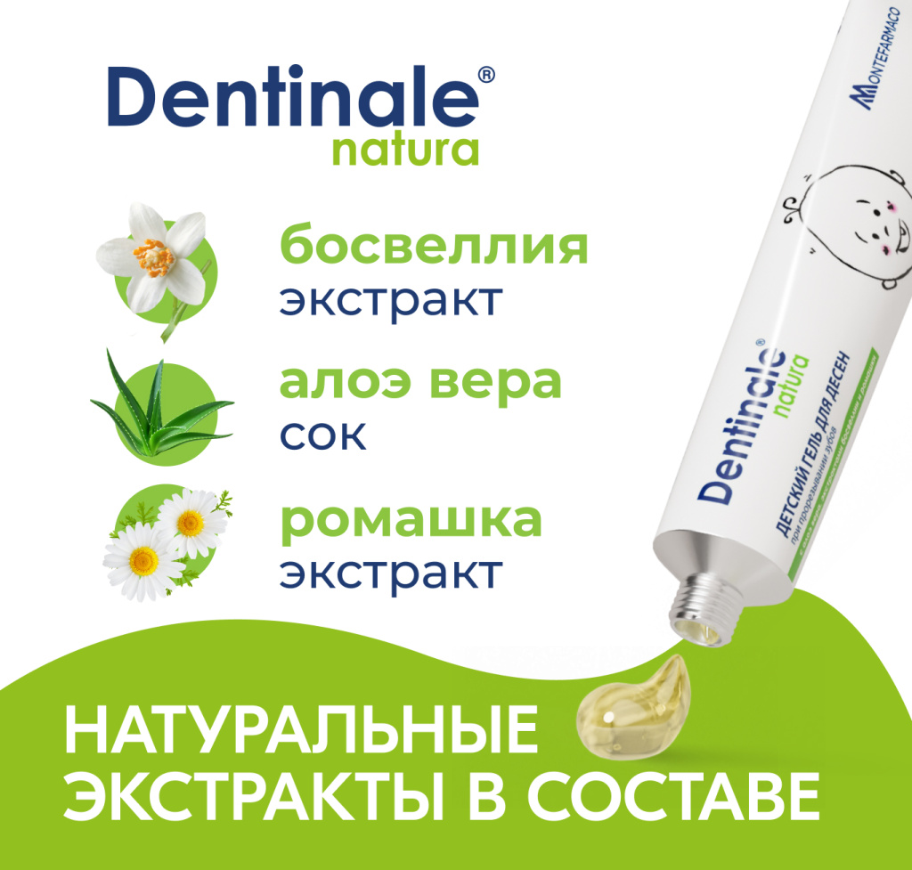 Натуральный состав геля Dentinale natura — экстракт босвеллии, сок алоэ вера и экстракт ромашки для облегчения дискомфорта при прорезывании