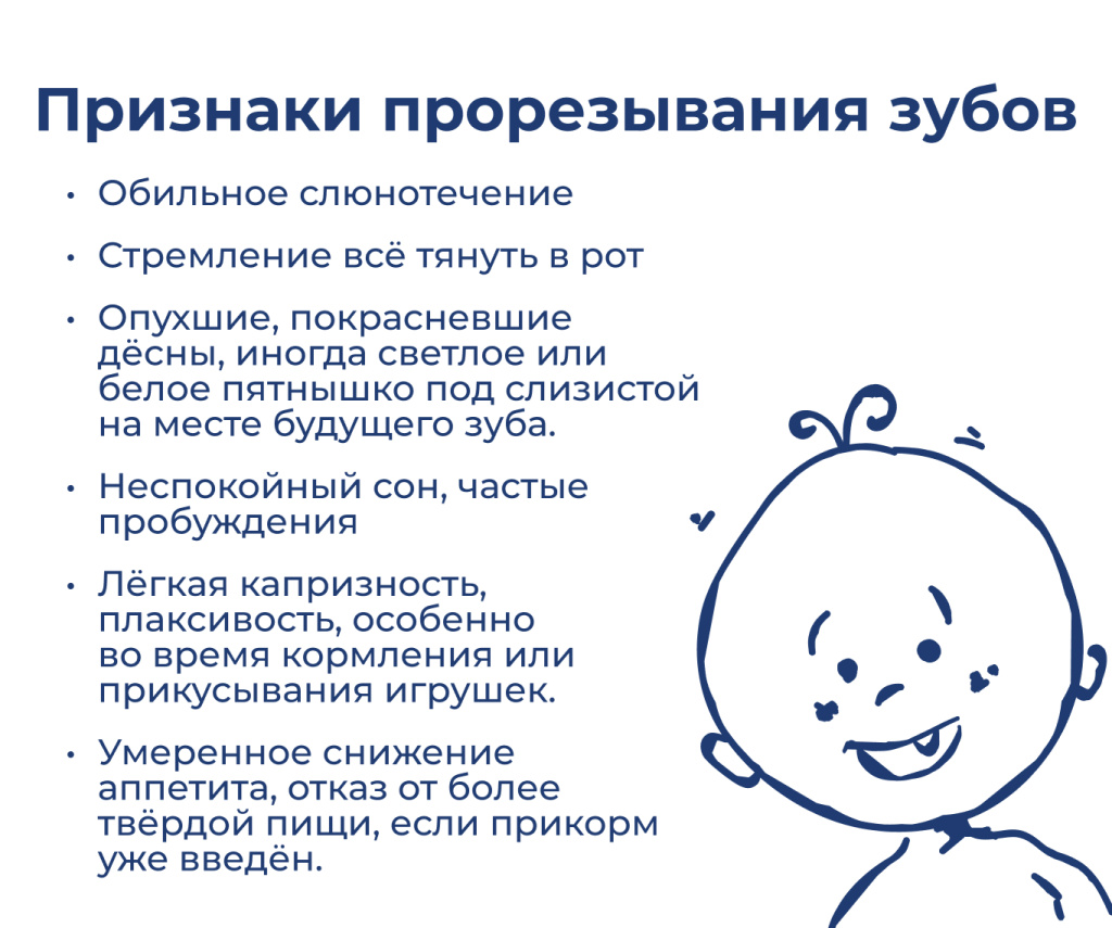 Инфографика «Признаки прорезывания зубов»: слюнотечение, опухшие дёсны, капризность, нарушения сна, снижение аппетита
